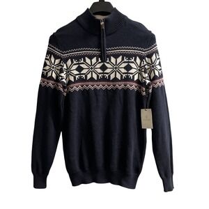 Aspen Sweater Mens S Blue‎ Fair Isle Nordic Pullover Mock Neck 1/4 Zip Cabin